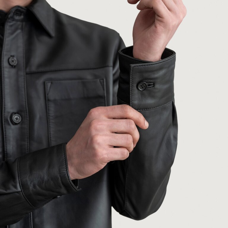 Mens Scout Black Leather Shirt Close-Up-9-1724247713329